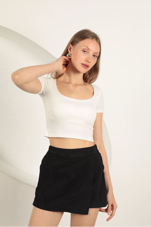 Çilek Viskon Kumaş U Yaka Bluz-Ekru