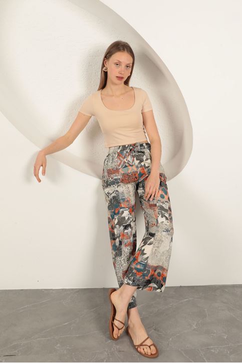 Çilek Viskon Kumaş U Yaka Bluz-Bej