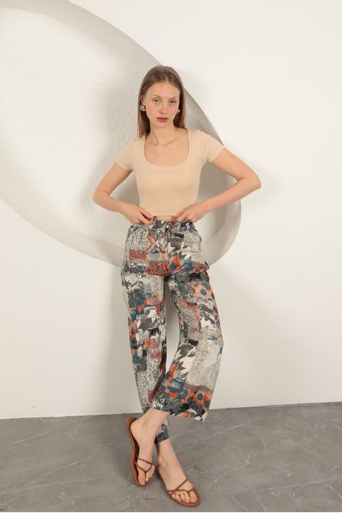 Çilek Viskon Kumaş U Yaka Bluz-Bej