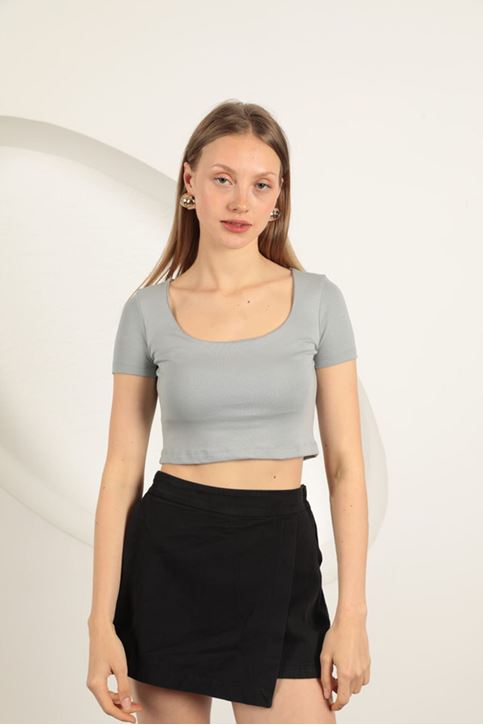 Çilek Viskon Kumaş U Yaka Bluz-Gri