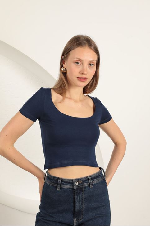 Çilek Viskon Kumaş U Yaka Bluz-Lacivert