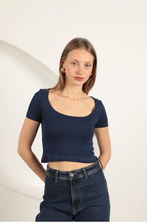 Çilek Viskon Kumaş U Yaka Bluz-Lacivert