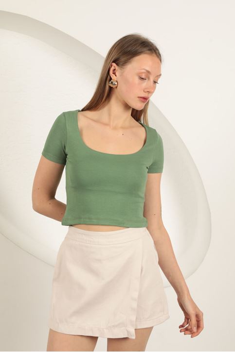 Çilek Viskon Kumaş U Yaka Bluz-Haki