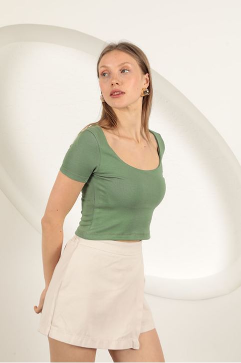 Çilek Viskon Kumaş U Yaka Bluz-Haki