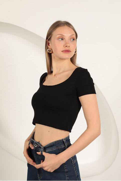 Çilek Viskon Kumaş U Yaka Bluz-Siyah