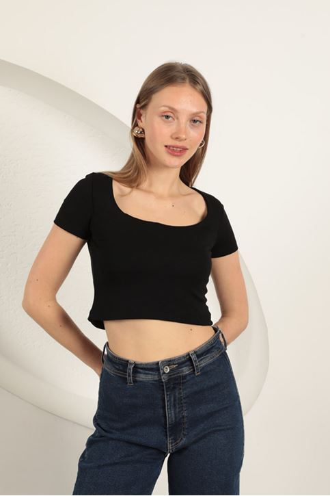 Çilek Viskon Kumaş U Yaka Bluz-Siyah