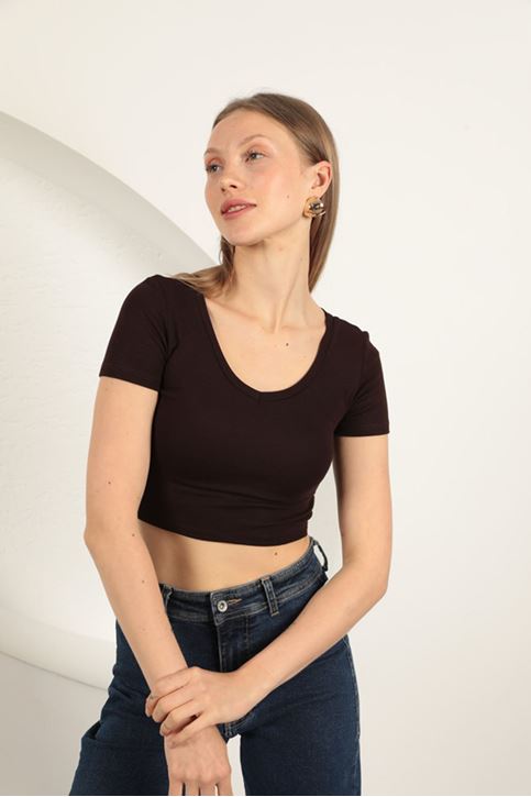 Çilek Viskon Kumaş V Yaka Basic Tişört-Kahve