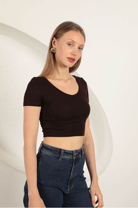 Çilek Viskon Kumaş V Yaka Basic Tişört-Kahve