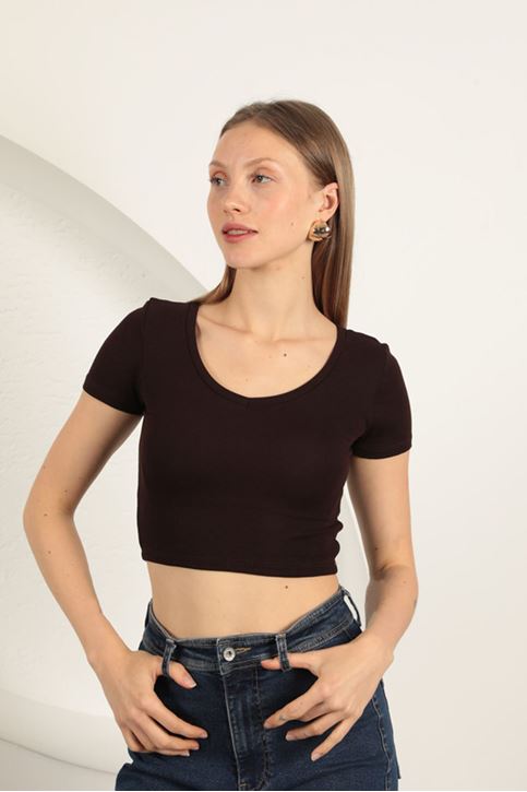 Çilek Viskon Kumaş V Yaka Basic Tişört-Kahve