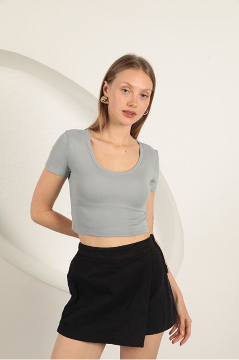 Çilek Viskon Kumaş V Yaka Basic Tişört-Gri