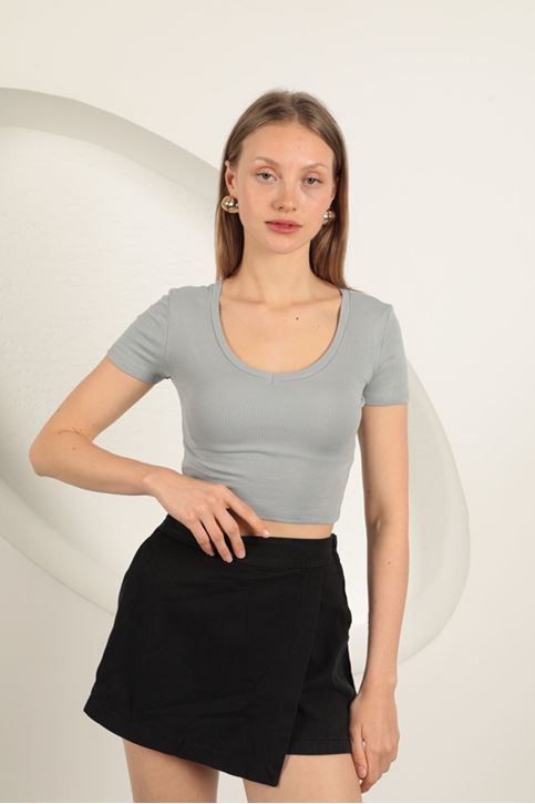 V Neck Basic T-Shirt-Grey