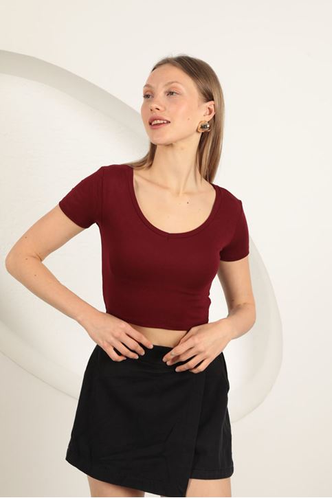 Çilek Viskon Kumaş V Yaka Basic Tişört-Bordo