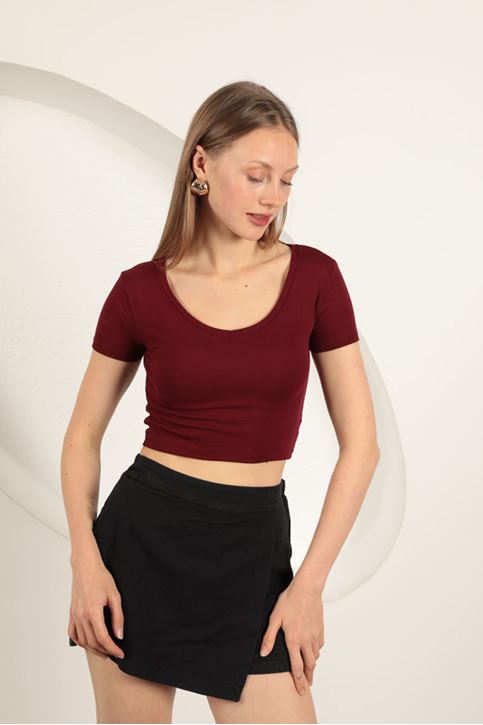 Çilek Viskon Kumaş V Yaka Basic Tişört-Bordo