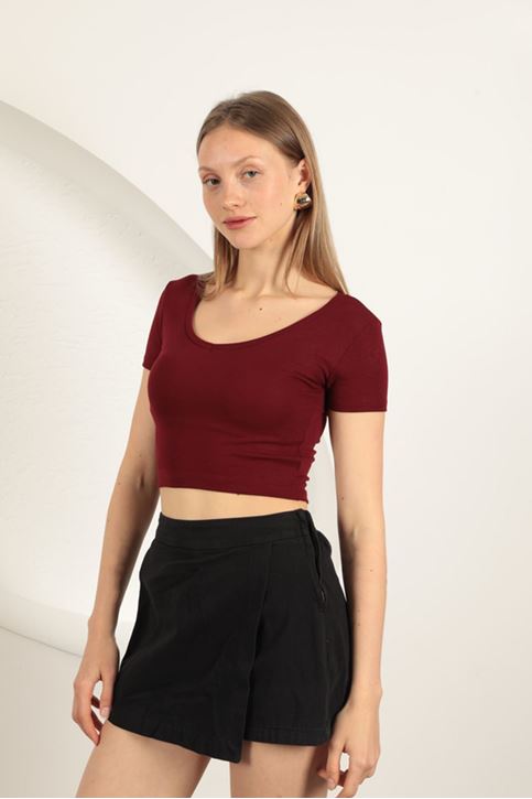 Çilek Viskon Kumaş V Yaka Basic Tişört-Bordo