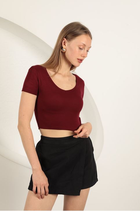Çilek Viskon Kumaş V Yaka Basic Tişört-Bordo