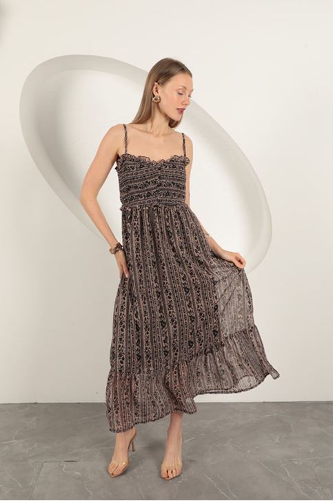 Şifon Kumaş Askılı Elbise-Kahve