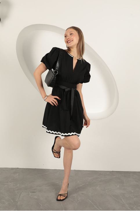 Terikoton Kumaş Kemerli Elbise-Siyah