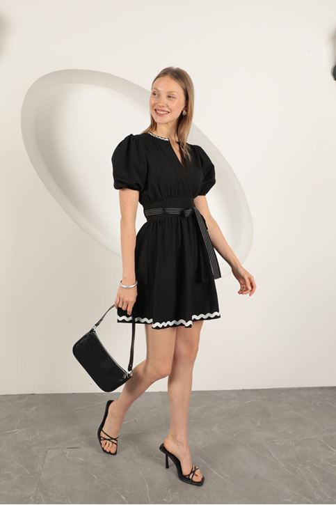 Terikoton Kumaş Kemerli Elbise-Siyah