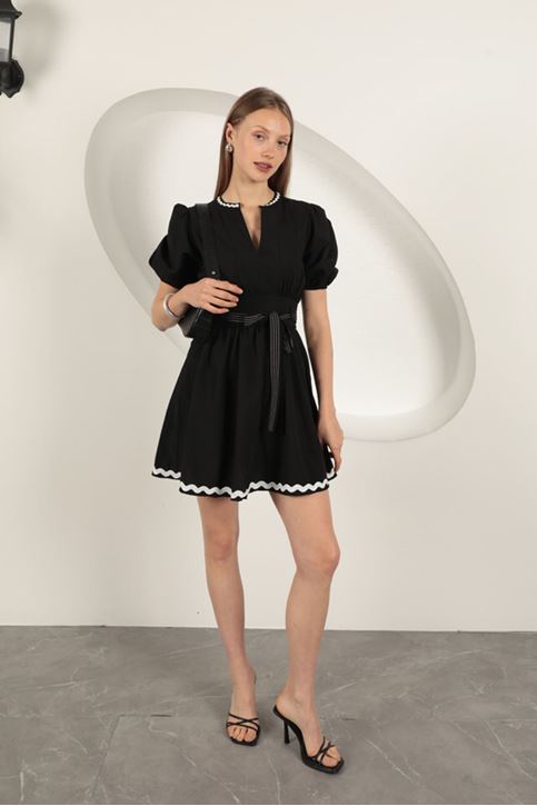 Terikoton Kumaş Kemerli Elbise-Siyah