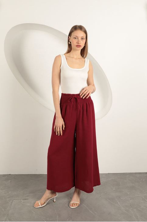 Muslin Fabric Wide Trousers-Burgundy