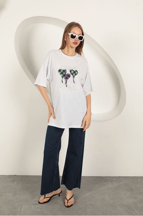 Süprem Kumaş Taş Baskılı Kadın Tişört-Beyaz
