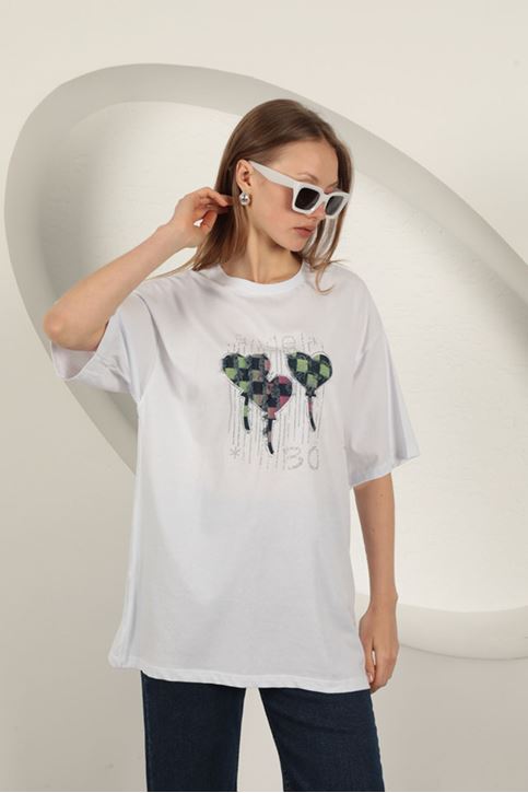 Süprem Kumaş Taş Baskılı Kadın Tişört-Beyaz
