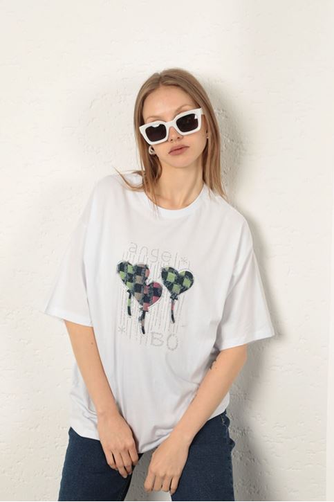 Süprem Kumaş Taş Baskılı Kadın Tişört-Beyaz