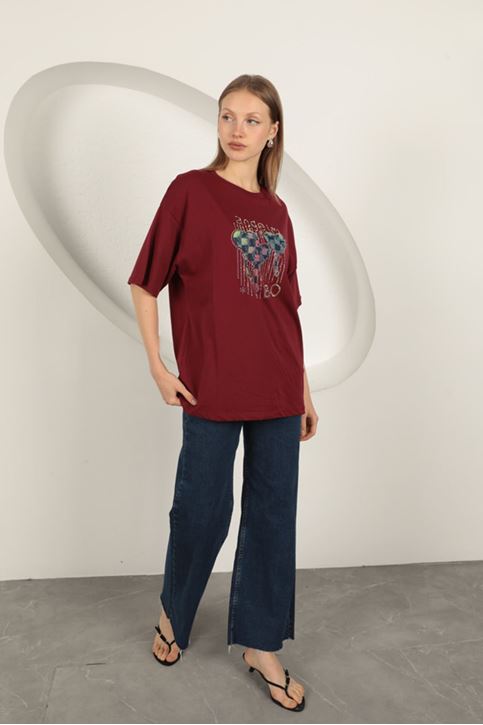 Süprem Kumaş Taş Baskılı  Kadın Tişört-Bordo