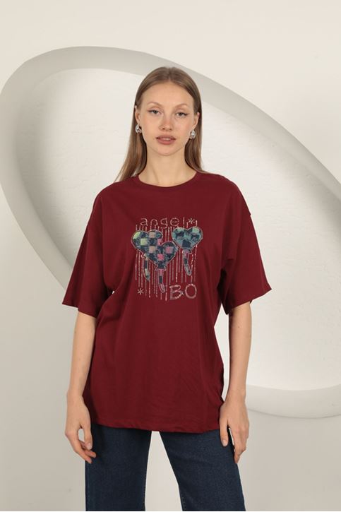  Женская футболка с каменным принтом бордового цвета