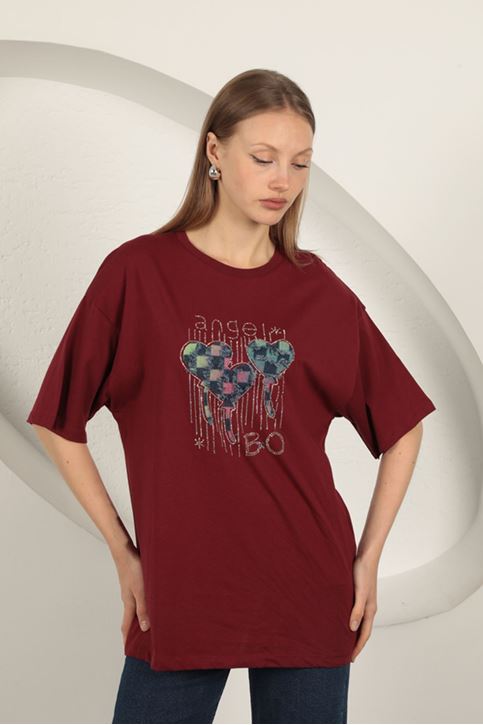 Süprem Kumaş Taş Baskılı  Kadın Tişört-Bordo