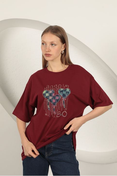 Süprem Kumaş Taş Baskılı  Kadın Tişört-Bordo