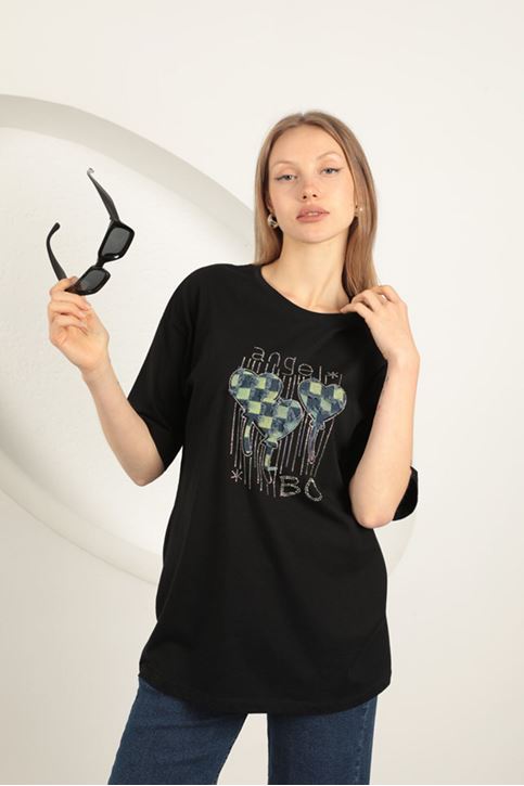 Süprem Kumaş Taş Baskılı  Kadın Tişört-Siyah