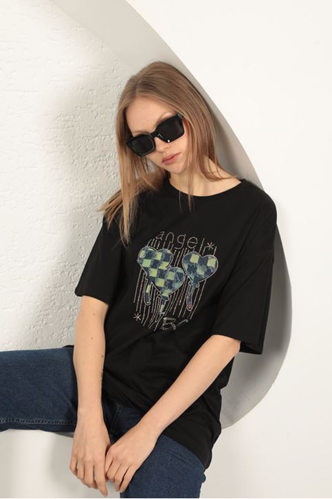 Süprem Kumaş Taş Baskılı  Kadın Tişört-Siyah