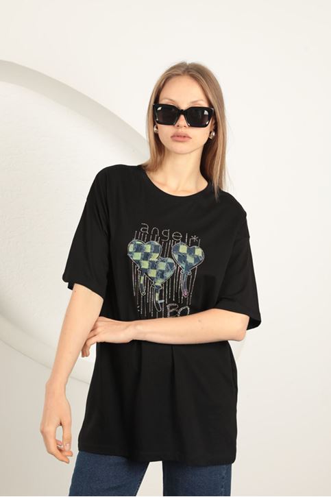 Süprem Kumaş Taş Baskılı  Kadın Tişört-Siyah