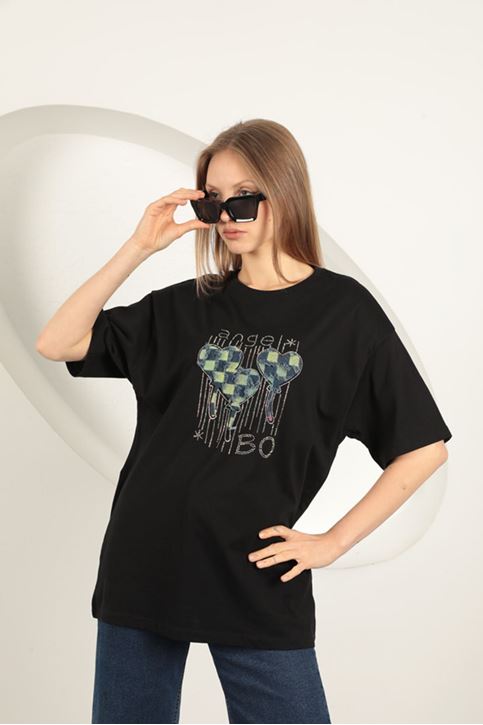 Süprem Kumaş Taş Baskılı  Kadın Tişört-Siyah