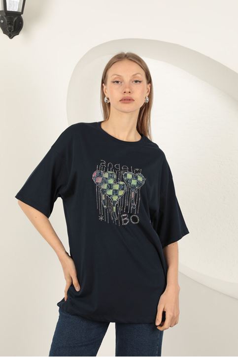 Süprem Kumaş Taş Baskılı  Kadın Tişört-Lacivert