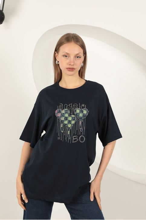 Süprem Kumaş Taş Baskılı  Kadın Tişört-Lacivert