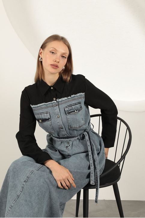 فستان مزين بقماش الدنيم - أسود