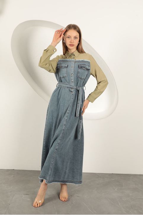 Denim Kumaş Garnili Elbise-Haki