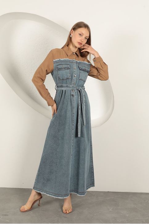 فستان مزين بقماش الدنيم - بني