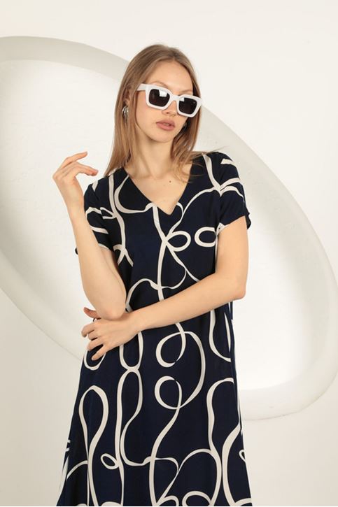 فستان مخطط من قماش الفيسكوز - أزرق داكن