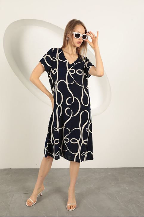 فستان مخطط من قماش الفيسكوز - أزرق داكن