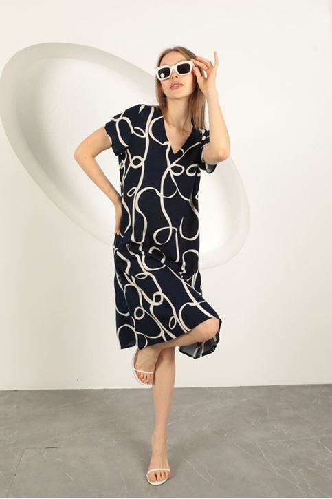 فستان مخطط من قماش الفيسكوز - أزرق داكن