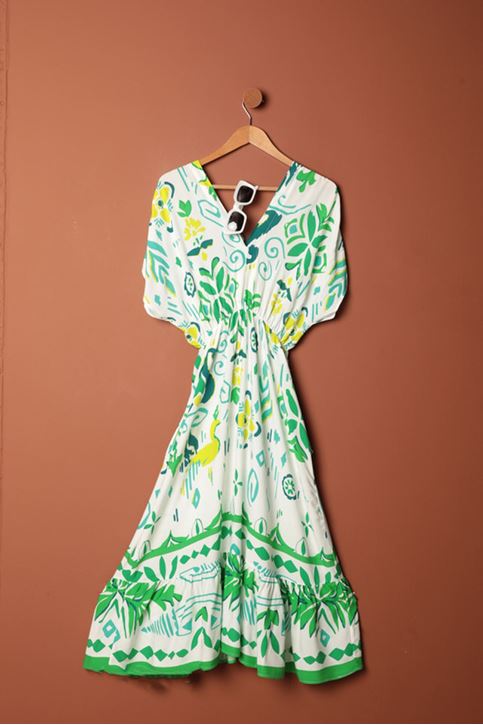 فستان من قماش الفيسكوز بخصر مطاطي - أخضر