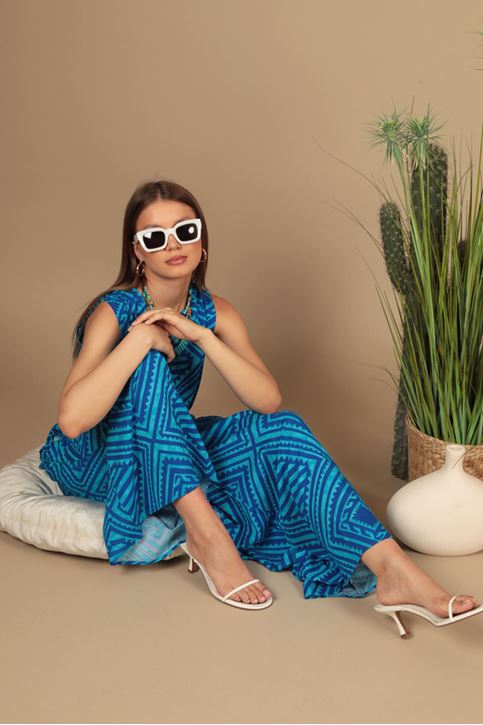 بدلة نسائية منقوشة من قماش الفيسكوز - أزرق