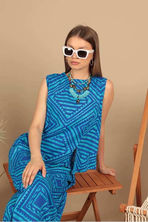 بدلة نسائية منقوشة من قماش الفيسكوز - أزرق