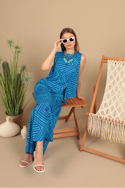 بدلة نسائية منقوشة من قماش الفيسكوز - أزرق