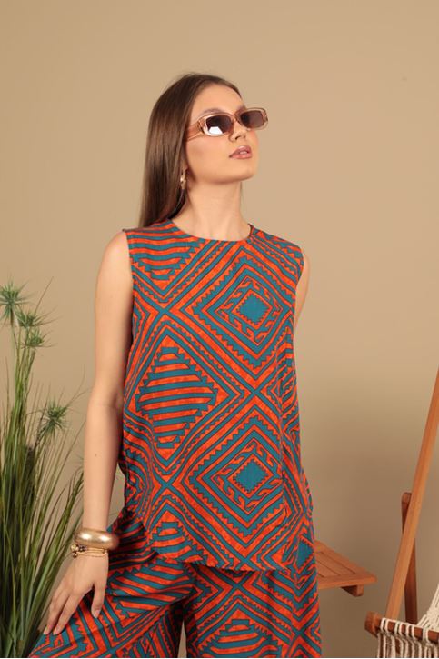 بدلة نسائية منقوشة من قماش الفسكوز - برتقالي