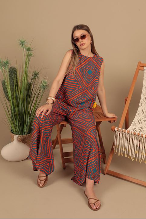 بدلة نسائية منقوشة من قماش الفسكوز - برتقالي