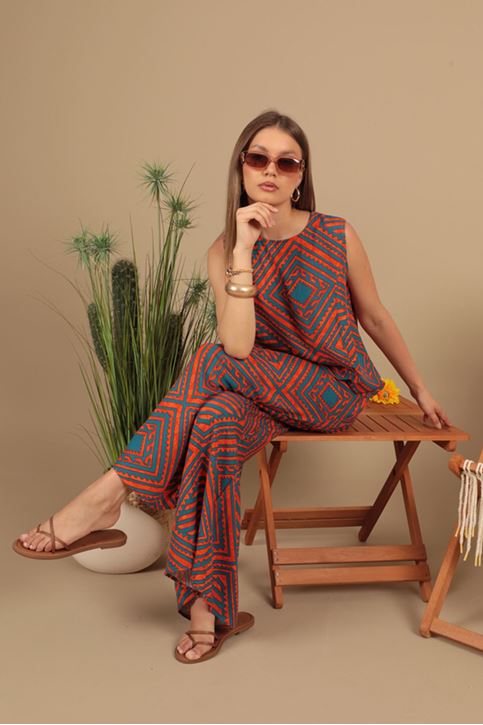 Viskon Kumaş Desenli Kadın Takım-Oranj